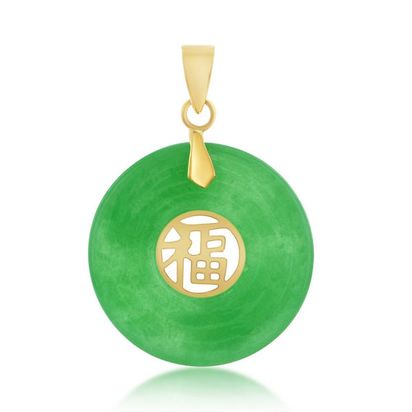 14K Yellow Gold, Jade 15mm Round 'Good Luck' Pendant