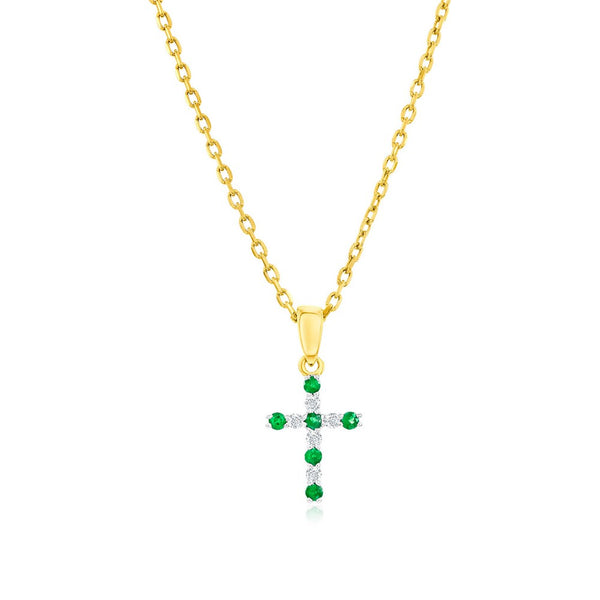 14K Yellow Gold, Emerald & Diamond Cross Pendant - (11 Stones)