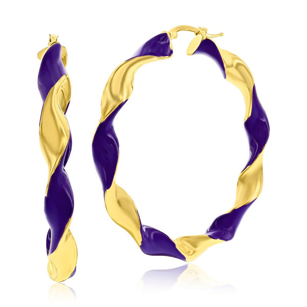 Sterling Silver, Violet Enamel 50mm Twisted Hoop Earrings - Gold Plated