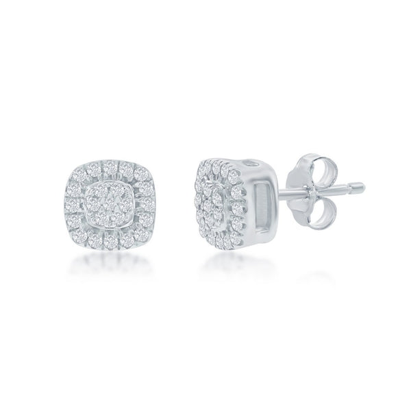 Sterling Silver, Square Halo Diamond Studs - (46 Stones)