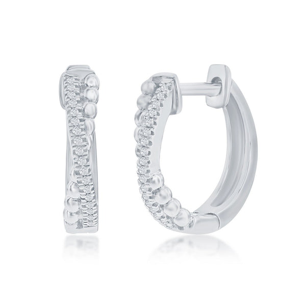 Sterling Silver,15mm 'X' Design Diamond Hoop Earrings - (36 Stones)