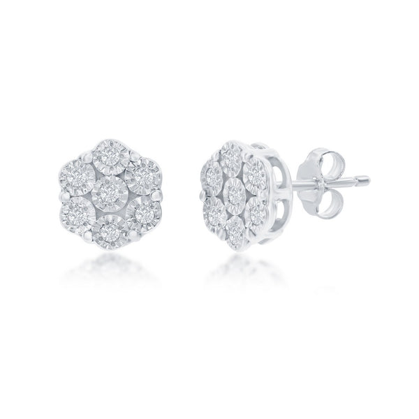 Sterling Silver, Flower Design Diamond Studs - (14 Stones)