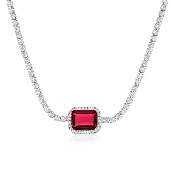 Sterling Silver Asscher-Cut Ruby & CZ Tennis Choker