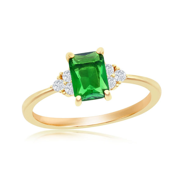 Sterling Silver Emerald CZ & White CZ Cluster Side Stones Ring - Gold Plated